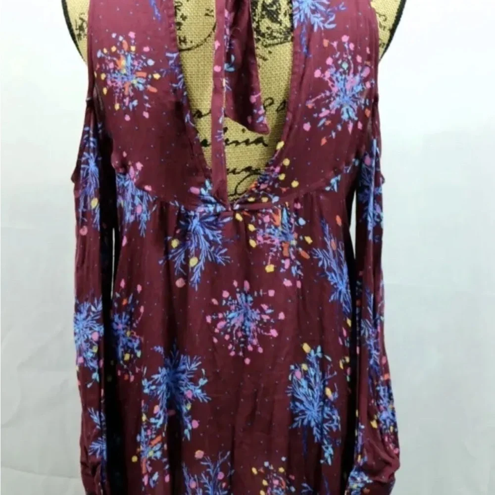 Free People Cold Shoulder Blouse Burgandy Floral Draped Fit Long Sleeve Sz Small